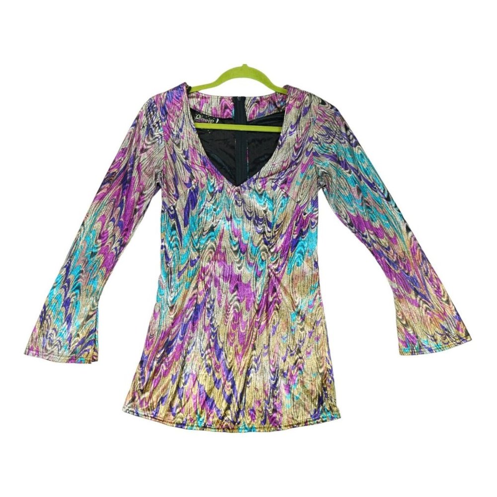Vintage Charades Disco Shirt Groovy Psychedelic Satin Shiny Metallic Size Small